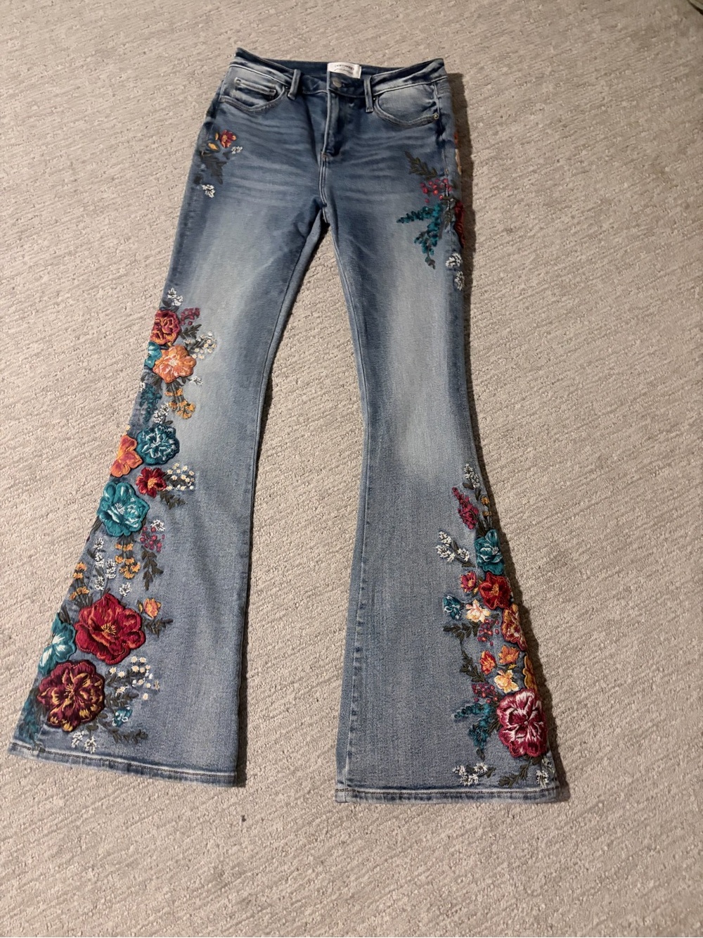 Free People Driftwood Farrah Embroidered Flare Jeans in Light Blue Floral Detail